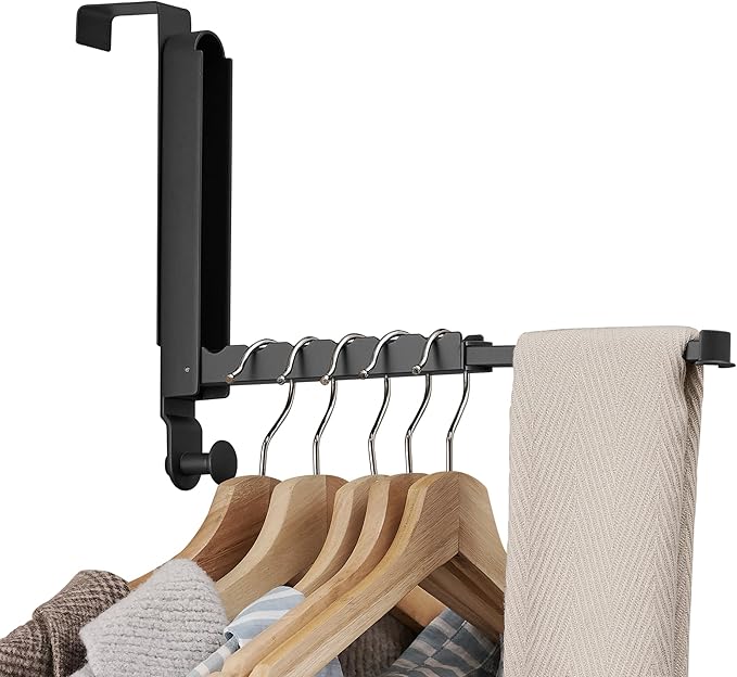 Clothes Drying Rack Foldable Fit Door up to 1 3/8" Optimal 1pc,Over The Door Hanger with Retractable Rod,Over The Door Hanger Hooks for Laundry Bathroom Bedroom Travel Hangers(Black, 1 Pack)