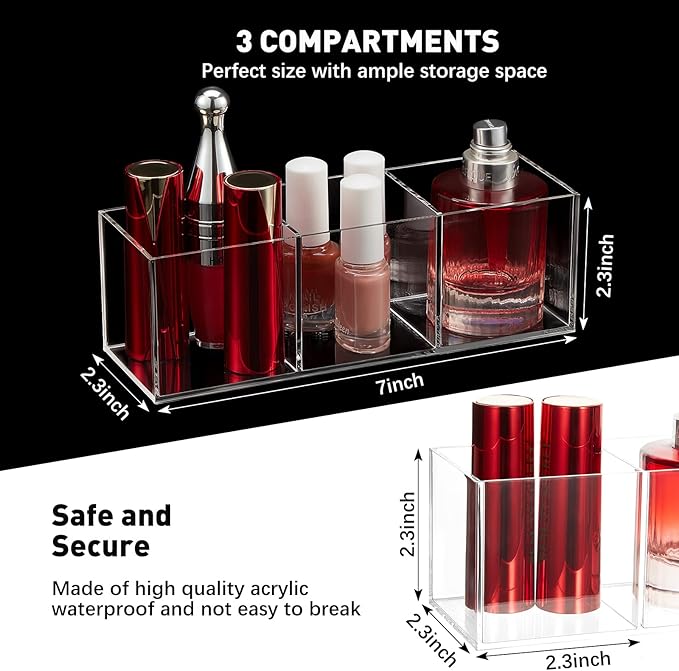 Epakh 2 Pieces Acrylic Cube Organizer 3 Compartments Clear Acrylic Pencil Holder Makeup Brush Drawer Organizer for Desk, Office, Vanity-NeatNest