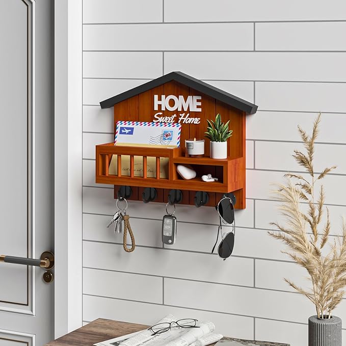 Key and Mail Holder for Wall, Wall Key Holder with Shelf, Home Key Holder for Wall, Wood Key Holder Wall Mount, Mail Organizer Wall Mounted, Entryway & Front Door Key Holder with 5 Hooks(Brown)
