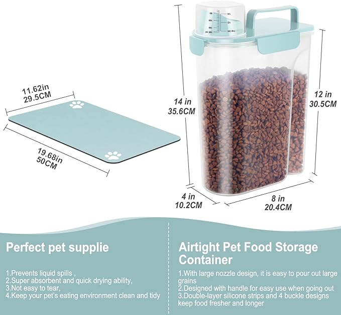 Dog Cat Storage Container Portable with Upgraded Large Spout and Cup, Plastic Pet Food Dispenser for Small Animal Kibble, Bird Seed, Oatmeal, Rice, Flour (2, Sky Blue, 5L (+ Pet mat))-NeatNest
