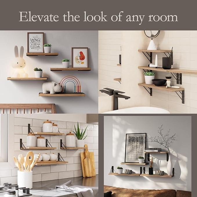 BAYKA Wall Shelves for Bedroom Decor, Floating Wall Shelves for Living Room Kitchen Storage, Wall Mounted Rustic Shelves for Kids Books, Corner Shelf for Bathroom(Carbonized Brown,Set of 4)-NeatNest