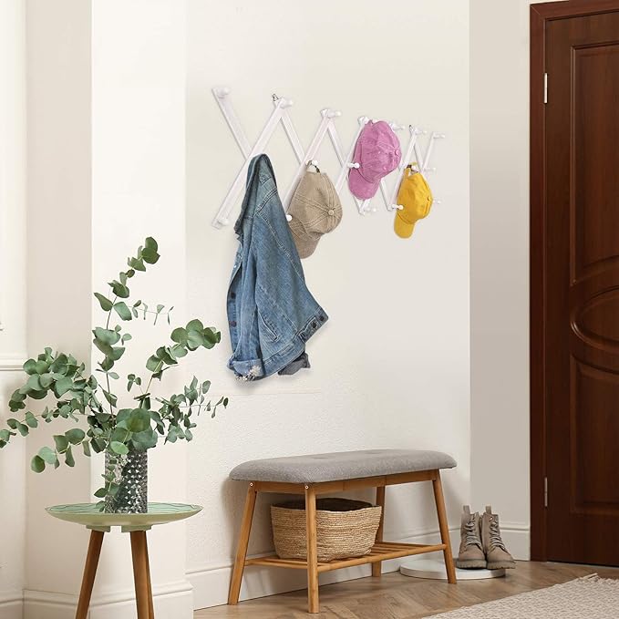 Accordion Wall Hanger with 20 Hooks, Wooden Wall Expandable Coat Rack for Coat, Hats, Baseball Caps, Coffee Mug, Jewelry(Ruist White)-NeatNest