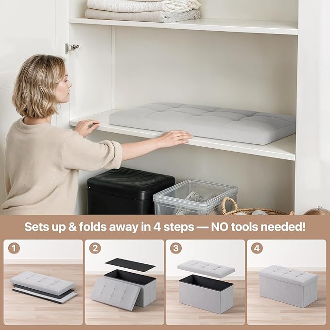 Ottoman Folding Storage Bench, 30x15x15 Inch, Foot Rest Stool for Living Room, Bedroom, Entryway, End of Bed - Multi-Functional Ottoman with Storage Light Gray