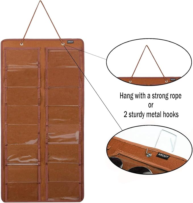 AROUY Sunglasses Organizer - Hanging Wall Pocket with 16 Felt Slots, Metal Hook and Sturdy Rope (Brown, Dust Proof)-NeatNest