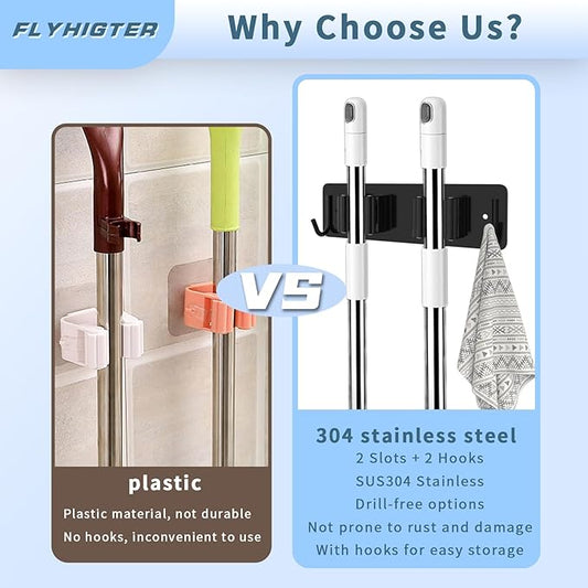 Broom and Mop Holder Wall Mounted, Heavy-Duty Stainless Steel Storage Rack with 2 Racks & 2 Hooks,Broom Organizer for Kitchen,Bathroom,Garage,Garden(BLACK-NeatNest