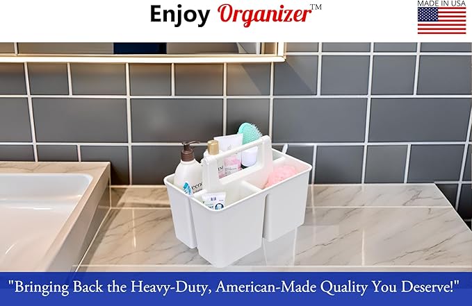 Shower Caddy Organizer with Handle, 3 Compartments, Portable Storage Bin for Bathroom, Dorm, Gym -Made In USA (Ivory)