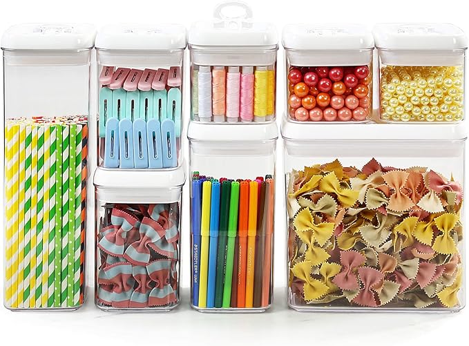 Felli Flip Tite Storage Container with Lid 4" RECTANGULAR Air Tight Ring Flip Top, Stackable Acrylic Canister for Kitchen Counter Pantry, Cereal Granola Pasta Spice, Gift Set for Women (4pk, Variety)-NeatNest