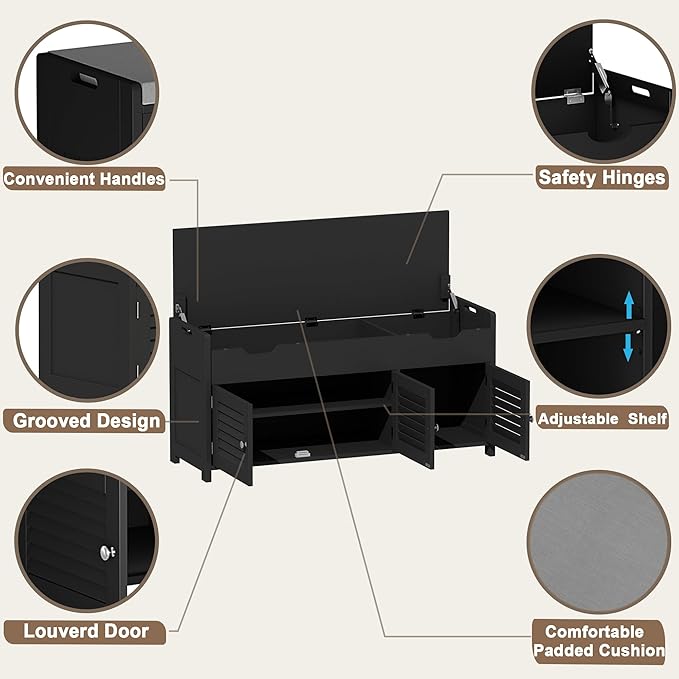 ChooChoo 41.3" Shoe Storage Bench with Lift Top Storage, Entryway Bench with Cushioned Seat, Adjustable Shelf, Shoe Cabinet with Hidden Space, for Entryway, Bedroom, Living Room, Black-NeatNest