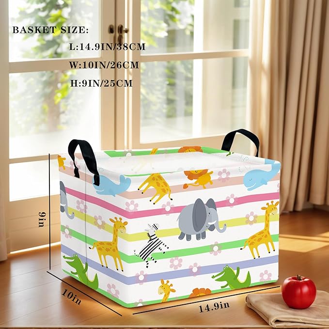 Cute Rectangle Woodland Animal Baby Girl Basket Nursery Playroom Bedroom Decor Clothes Toy Basket (Colorful Animals)-NeatNest