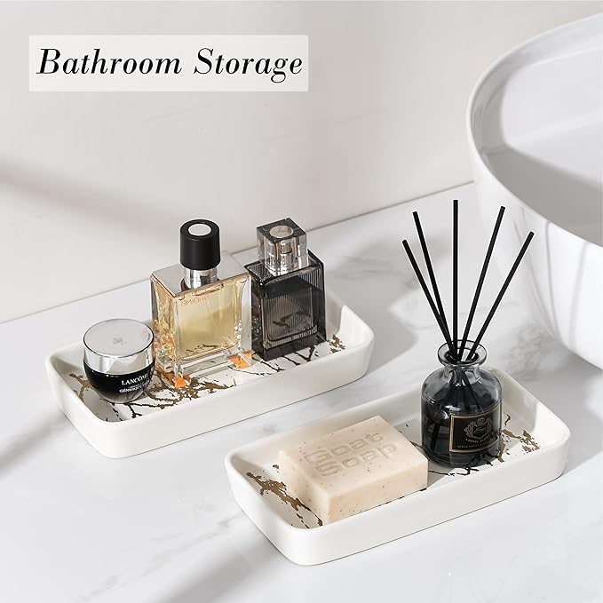 Bathroom Vanity Tray for Countertop,2PC Rectangle Marble Tray Set,Decorative Bathroom Organizer for Scrubber, Lotion Bottles, Perfume, Jewelry, Candle, Key Trinket Ring(Small,White)-NeatNest