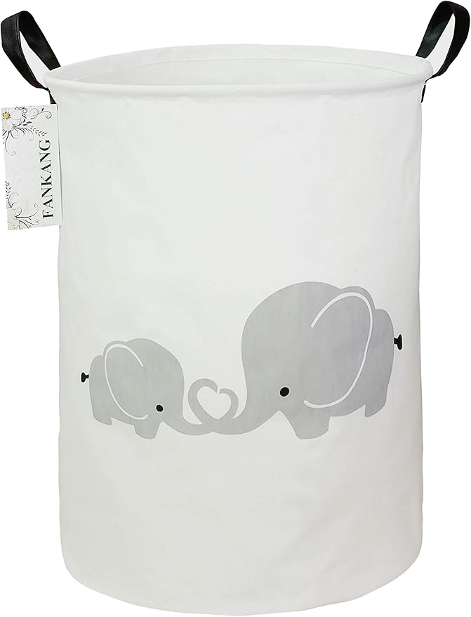 FANKANG Storage Basket, Nursery Hamper Canvas Laundry Basket Foldable with Waterproof PE Coating Large Storage Baskets for Kids Boys and Girls, Office, Bedroom, Clothes,Toys(Love Elephant)