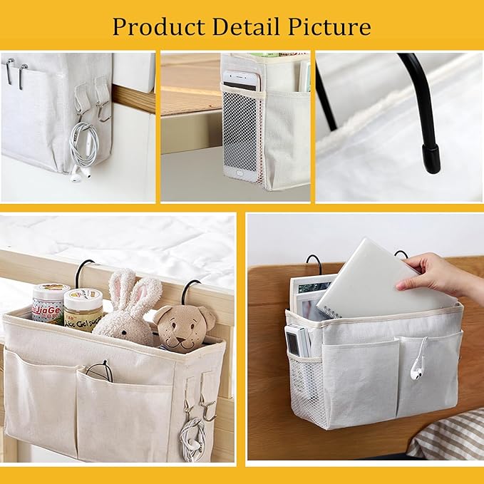 Bedside Caddy Organizer/Bedside Hanging Storage Bag Multi-Function Caddy for Bunk bed Hospital Beds Dorm Bed Rails, Holders Books Glasses Phones Magazine(White)-NeatNest