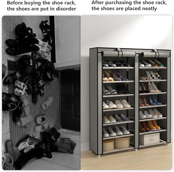 JIUYOTREE Double Row Shoe Rack Storage Organizer with Big Capacity,7-Tier Shoe Cabinet,Shelf,Closet with Nonwoven Fabric Cover for 28 Pairs of Shoes,Grey-NeatNest