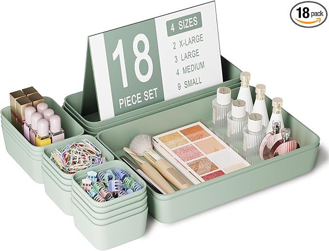 Plastic Drawer Organizers, 18 PCS Drawer Organizer Bins, Bathroom and Vanity Organizer Plastic Tray, Makeup organizer and storage for Makeup, Bedroom, Kitchen Gadgets Utensils and Office (Green)-NeatNest
