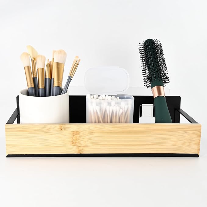 Bathroom Shelves,Wall Mounted Floating Shelf,Over Toilet Storage Shelf,Metal Bamboo Wall Shelves,Home Storage Organizer Essentials for Bathroom/Living Room/Kitchen/Bedroom(Black)