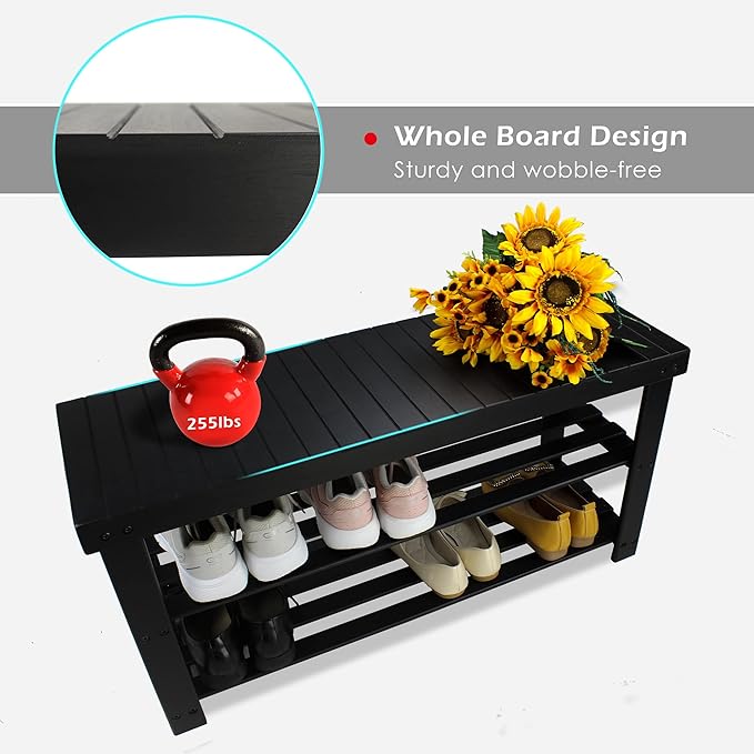 SMIBUY Bamboo Shoe Rack Bench, 3-Tier Shoe Organizer Storage Shelf for Entryway Hallway Bathroom Living Room (Black)-NeatNest