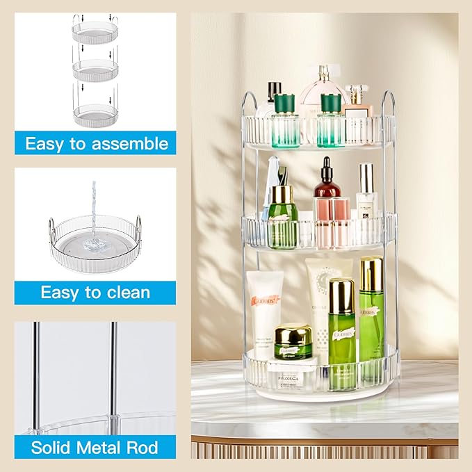360 Rotating Makeup Organizer for Vanity, Large Capacity Spinning Perfume Organizer, Bathroom Organizer, Cosmetic Skincare Holder Organizer for Countertop (Silver Clear, 3 Tier)-NeatNest