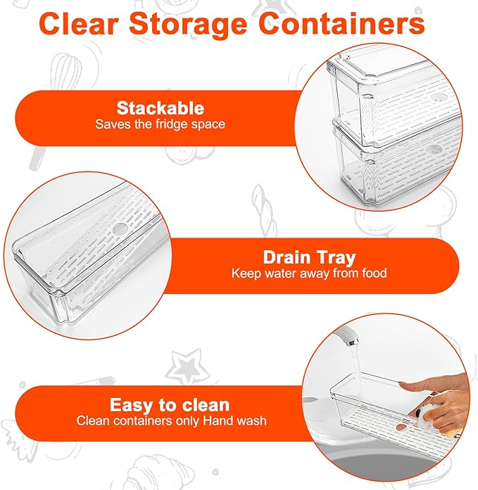 YINGRACE 3 Pack Fridge Organizer Bins, Stackable Refrigerator Organizers and Storage, BPA-Free Clear Produce Containers For Fruit, Vegetable, Drinks, Snacks
