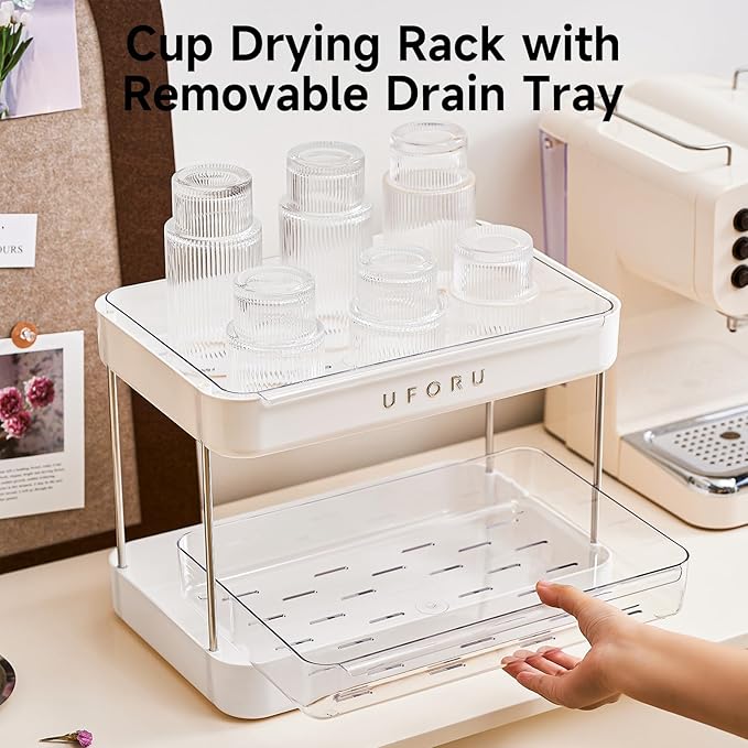 Countertop Coffee Station Organizer| 2-Tier Whisky Glass Holder, Mug Drying Rack with Removable Drain Tray - Easy to Install, Clean - Matcha Station Shelf for Kitchen, Bathroom Counter Organzier-NeatNest