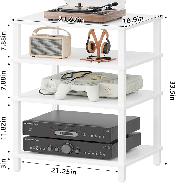 4-Tier AV Media Player Stand, White Stereo Cabinet, Modern Stereo Cabinet, Wooden TV Stand,Game Console Shelf, Multifunctional Entertainment Center, Suitable for Home, Conference Room, Game Studio,-NeatNest