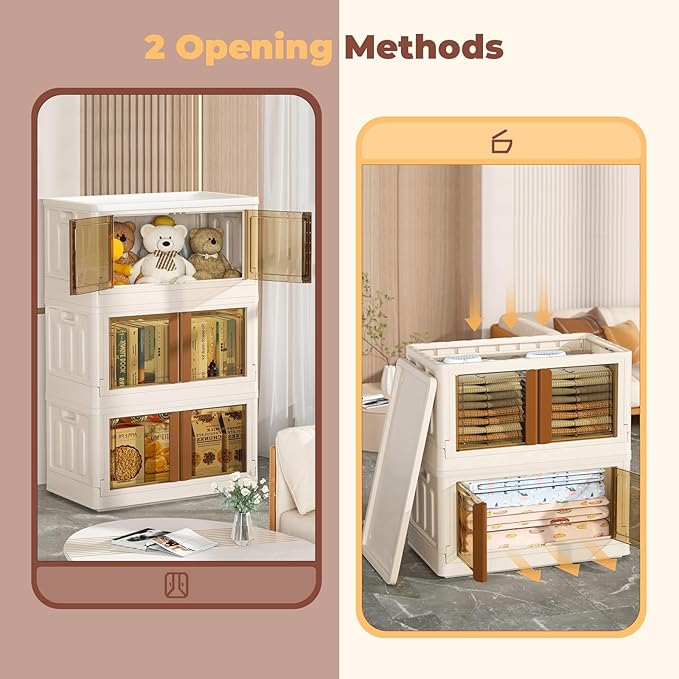FAHKNS 3 Pack 19 Gallon Collapsible Storage Boxes, Lidded Storage Box with Door and Wheels for Clothes, Tools, Office Supplies, Large Folding Storage Box for Home