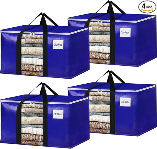 BlissTotes 4 Pack Moving Bags with Clear Window, Storage Bags with Strong Carrying Handles & Zippers,Large Packing Bags for Saving Space, Alternative to Moving Boxes(Blue,24 Gallon)-NeatNest