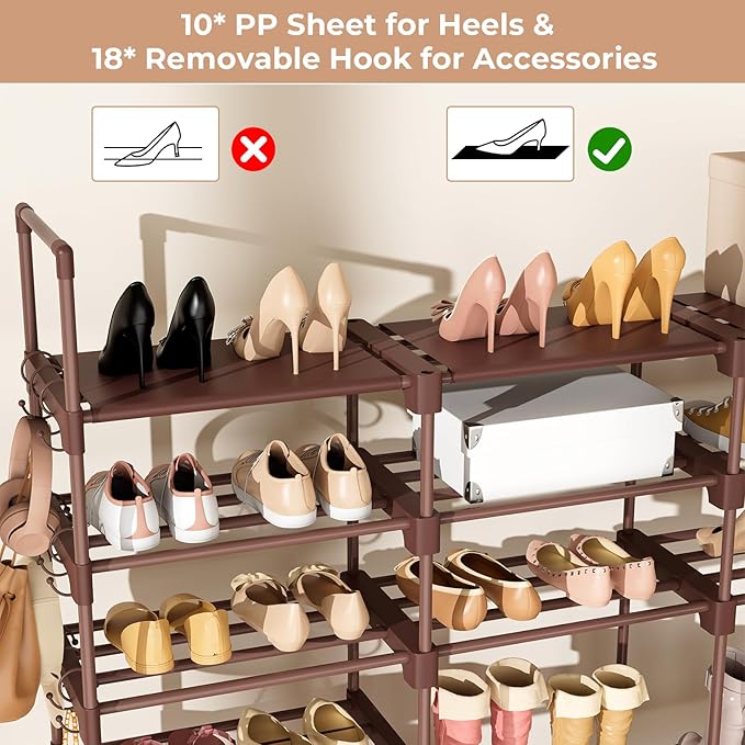 ROJASOP Large Shoe Rack Organizer for Entryway Closet 64-68 Pairs 9-Tier Heavy Duty Tall Garage Shoe Rack Shoe Shelf Shoes Storage with 18 Pcs Removable Side Hooks for Bedroom and Garage Brown-NeatNest