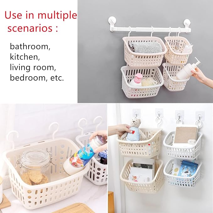 3PCS Plastic Hanging Baskets for Shower, Organizer With Hooks, Rectangle 10.6Inches Small Storage Basket (Beige)-NeatNest