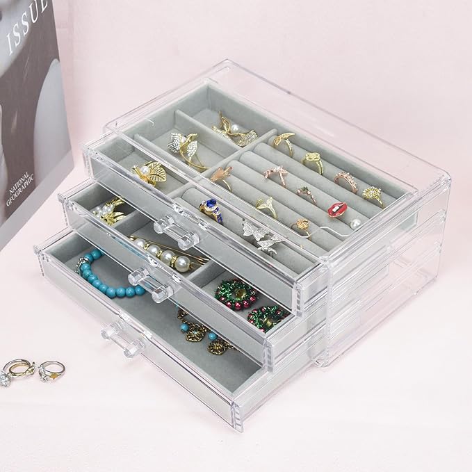 Acrylic Jewelry Box 3 Drawers, Velvet Jewellery Organizer, Earring Rings Necklaces Bracelets Display Case Gift for Women, Girls