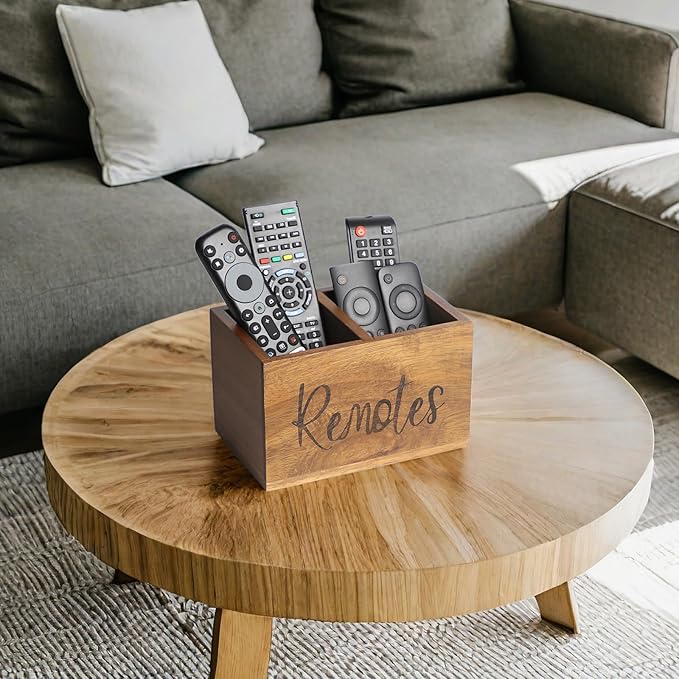 Acacia Wood TV Remote Holder, Caddy and Organizer for Table, Vintage Farmhouse Desk Caddy (Brown, 4+ Remotes)-NeatNest