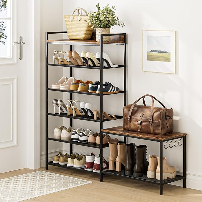 Shoe Rack Bench Storage Organizer for entryway,6-Tier Industrial Free Standing Shoe and Boot Racks with Seat,Entrance Shoe Rack Organizer Shelves for High Heels,Hallways, Closets,Brown,48.7in-NeatNest