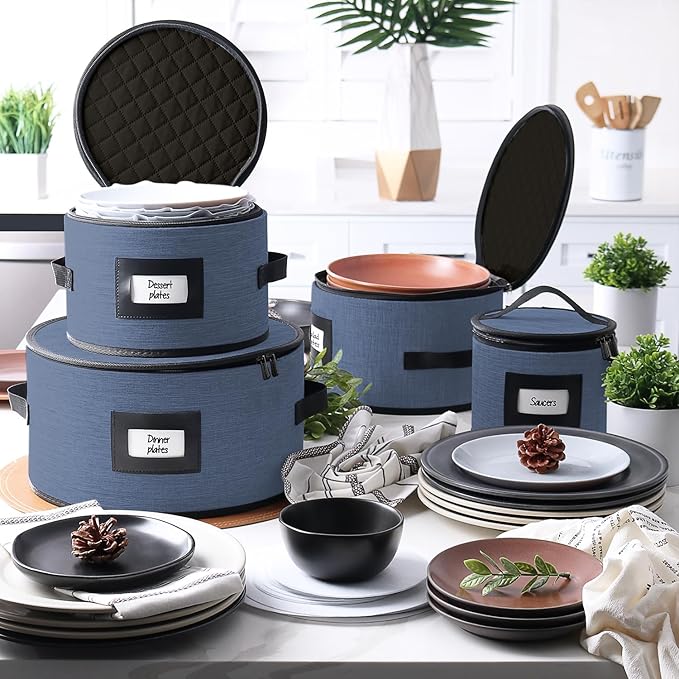 Fine China Storage Containers Hard Shell, 4 Piece Dish Storage Containers, Quilted Plate Containers, Stackable Dish Organizer with Dividers, Dinnerware Storage for Moving and Seasonal Storage, Blue-NeatNest