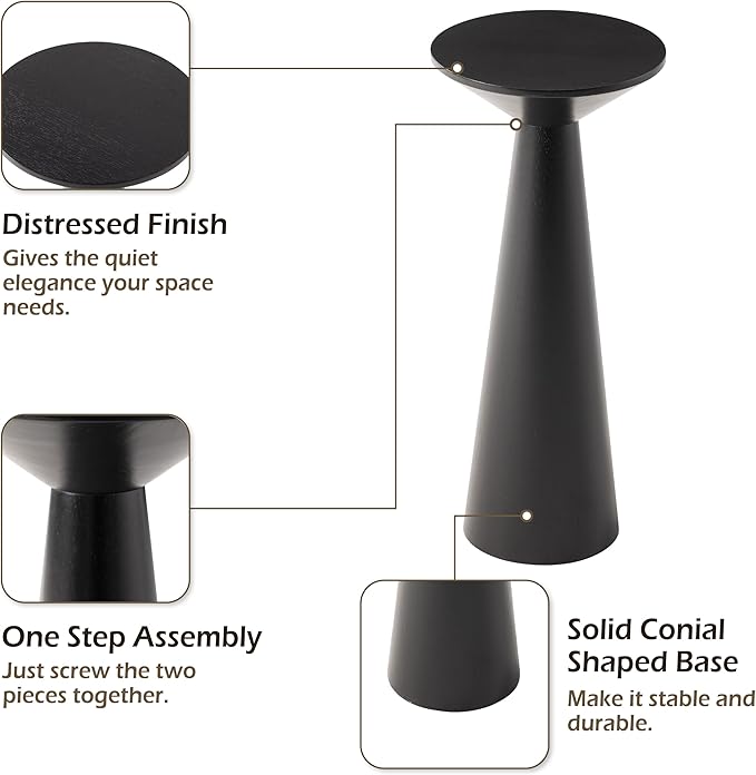 Farmhouse Tall Pedestal End Table Small Solid Wood Martini Table Plant Stand Modern Round Drink Table for Small Space Living Room, Black