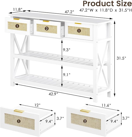 Console Table with 3 Rattan Drawers, Wooden Entryway Table with 3-Tier Storage Shelves, Display Shelf for Entryway, Hallway, Foyer and Living Room, White-NeatNest