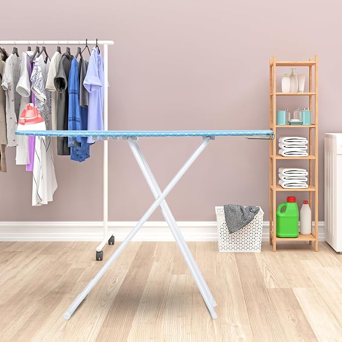 Compact and Space-Saving Ironing Board - 4-Leg Full-Size Folding, Adjustable Height, Extended Outside With Removable Heat-Resistant Cover, Blue