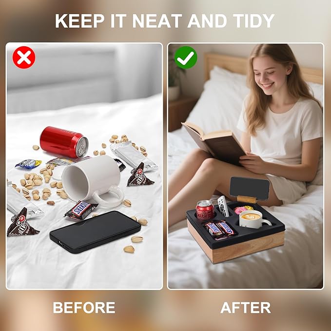 Couch Cup Holder Tray – Spill-Proof Wooden Sofa Organizer with Silicone Insert for Snacks, Drinks, Remote & Phone, Waterproof Caddy for Bed, Car, RV & Living Room (Black)-NeatNest