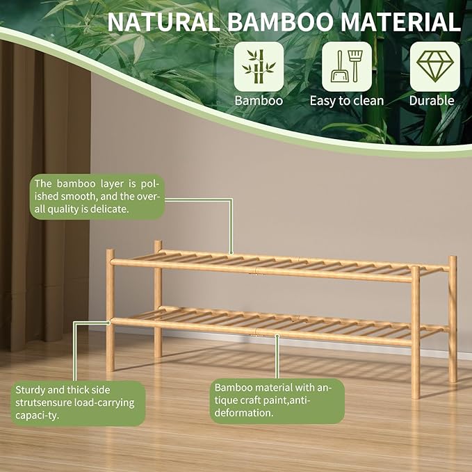 2-Tier Bamboo Long Shoe Rack, Free Standing Wood Shoe Shelf Storage Organizer for Closet Entryway Stackable 35"x11"x13" (Natural)-NeatNest