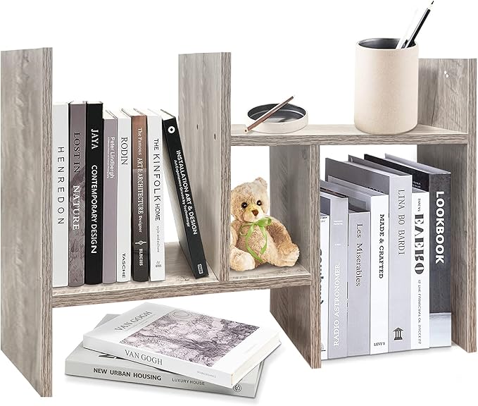 Desktop Bookshelf Vintage Desktop Organizer MDF Wood Desk Storage Shelf Counter Office Storage Rack Top Bookcase Display Books Office Supplies Light Grey Oak Bookshelf for Desktop-NeatNest