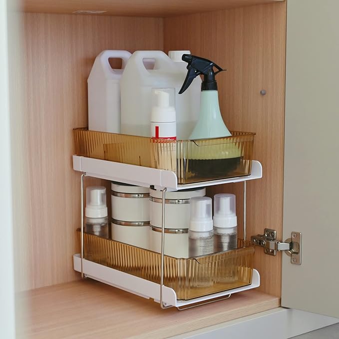 Bathroom Kitchen Storage Organizer 2 Tier Under the Sink Organizer Baskets Vanity Countertop Container Cabinet Drawers Bins Pull-Out Organization with Sliding Drawers for Cabinet, Pantry and Desktop-NeatNest
