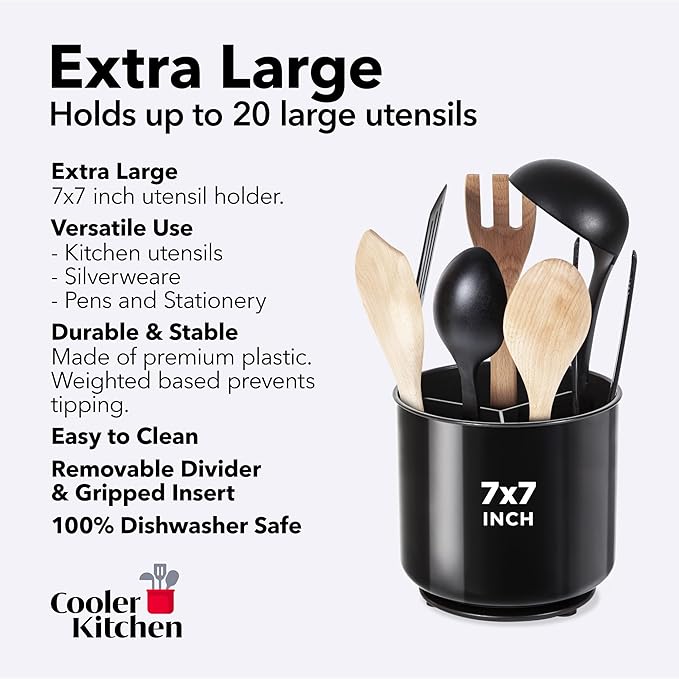 Extra Large Sturdy Rotating Black Utensil Holder Caddy with No-Tip Weighted Base, and Gripped Insert - Rust Proof and Dishwasher Safe Kitchen Utensils Holder-NeatNest