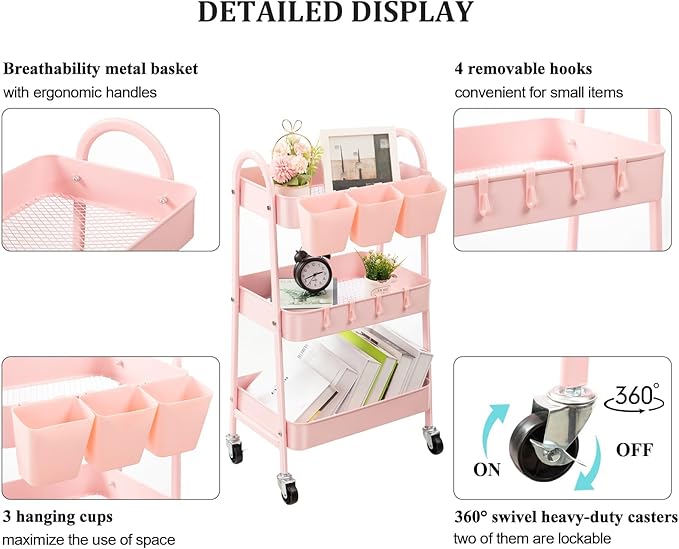 Danpinera 3-Tier Rolling Cart, Metal Storage Cart with Lockable Wheels, Hanging Cups & Hooks, Mobile Trolley for Kitchen, Bathroom, Office, Workshop, Pink-NeatNest