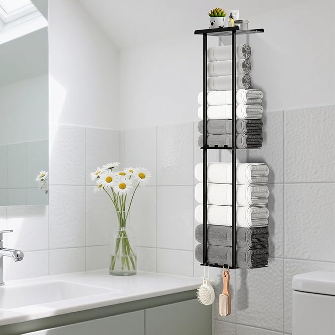Towel Racks for Bathroom, 36.6 inch Metal Towel Storage, 8 Large Bath Towels Capacity, 3-Tier Towel Holder for Bathroom, with Shelf & 6 Hooks, Wall Mounted Towel Rack for Rolled Towels, Black