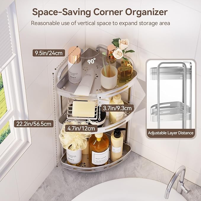 Corner Shower Caddy Standing, 3 Tier Shower Organizer Stand with Soap Holder, Rustproof Shower Shelves for Bathroom Storage, Silver