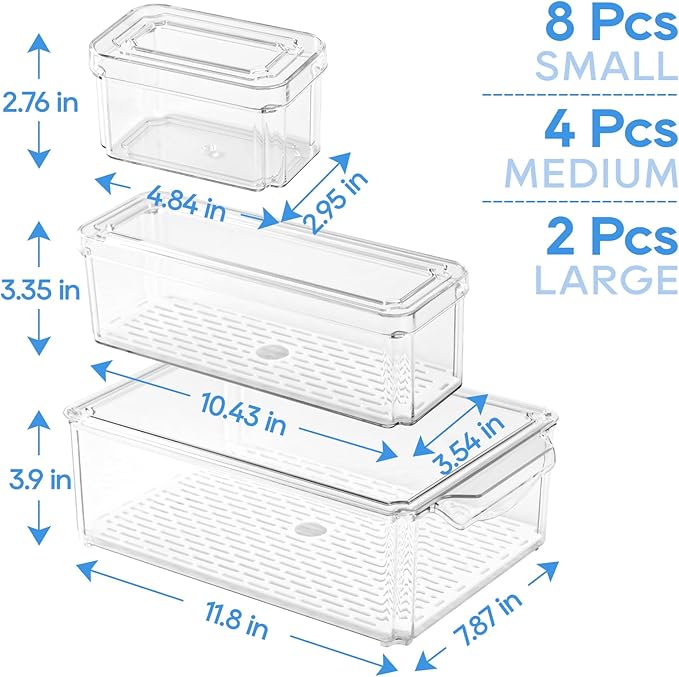 JollyPack 14 Pack Fridge Organizers, Refrigerator Organizer Bins with Lids, BPA Free Stackable Fruit Storage Containers for Fridge, Vegetables, Food and Drinks