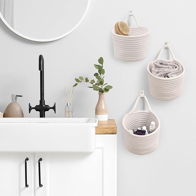 Fabric Wall Hanging Baskets - 3Pack Woven Pouchs Boho Style Wall Mounted Bag with Adhesive Hooks, Storage Organizers and Decoration Pocket Caddy Bins on Door Rack (White & White, Large)