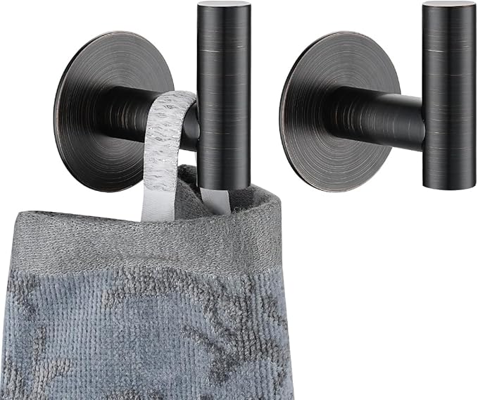 JQK Self Adhesive Towel Hook Bronze, No Drill Stick on Coat Robe Clothes Wall Hook for Bathroom Kitchen Garage 2 Pack, 304 Stainless Steel Oil Rubbed Bronze, ATH110-ORB-P2