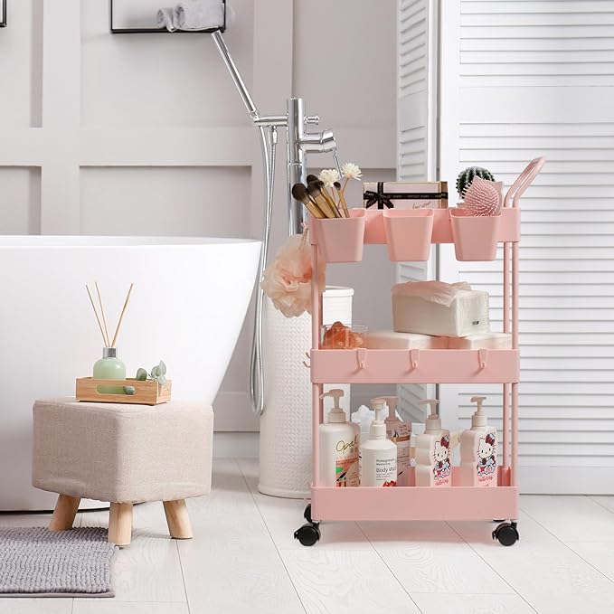 danpinera Slim Storage Cart, 3 Tier Narrow Rolling Cart on Wheels Bathroom Organizer with Dividers Handle Hanging Cups Hooks for Laundry Room Kitchen Small Spaces, Pink