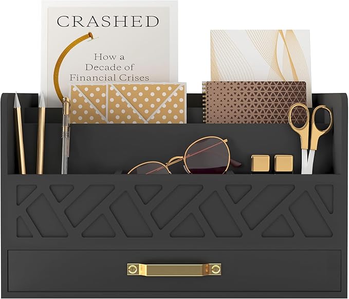 Bamboo Mail Organizer Countertop Wood Desk Organizer Drawer Tabletop Storage Box Letter Sorter Makeup Organizer for School Home Office Supplies Black-NeatNest