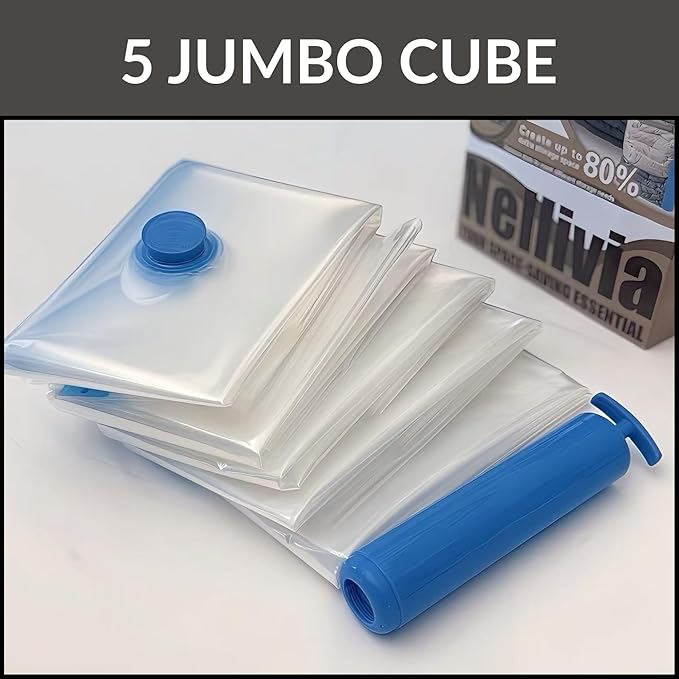 5 Jumbo Cube Vacuum Storage Bags, Supersized Square Bottom Design Compression Space Saver Bags for Comforters, Blankets, Duvets and Clothes, Durable Seal, Puncture Resistant, Hand Pump Included-NeatNest