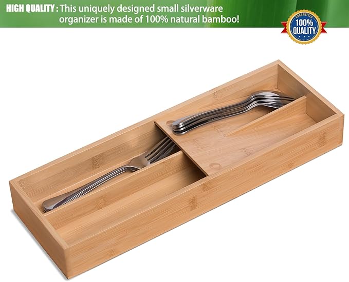 Bamboo Silverware Drawer Organizer, Kitchen Small Silverware Organizer, Utensil Tray Holder, Cutlery Tray for Spoons, Forks, Knives, Suitable for a family of 2-4-NeatNest